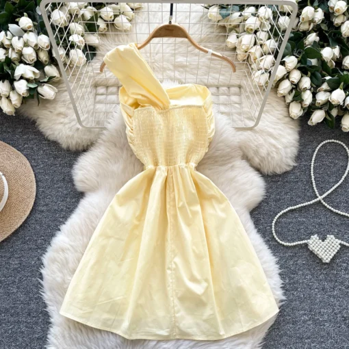 Ohsisa 2025 Summer New Dress Vacation Elegant and Fashionable Slant Neck Hollow Waist Mid Length Solid Dress - 图片 6