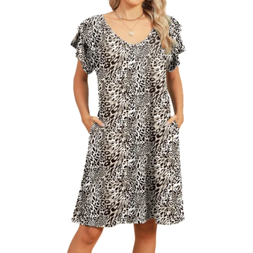 Ohsisa 2025 Women's Fashion V-Neck Pocket Print Double Layer Ruffle Sleeve Short Dress Floral Pattern Front Woman Dress - 图片 5