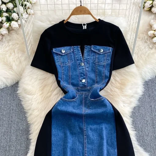 Summer Korean Style Ladylike Short Sleeve Round Neck Waist-Cinching Slimming Denim Splicing A-Line Women's Casual T-Shirt Dress - 图片 2